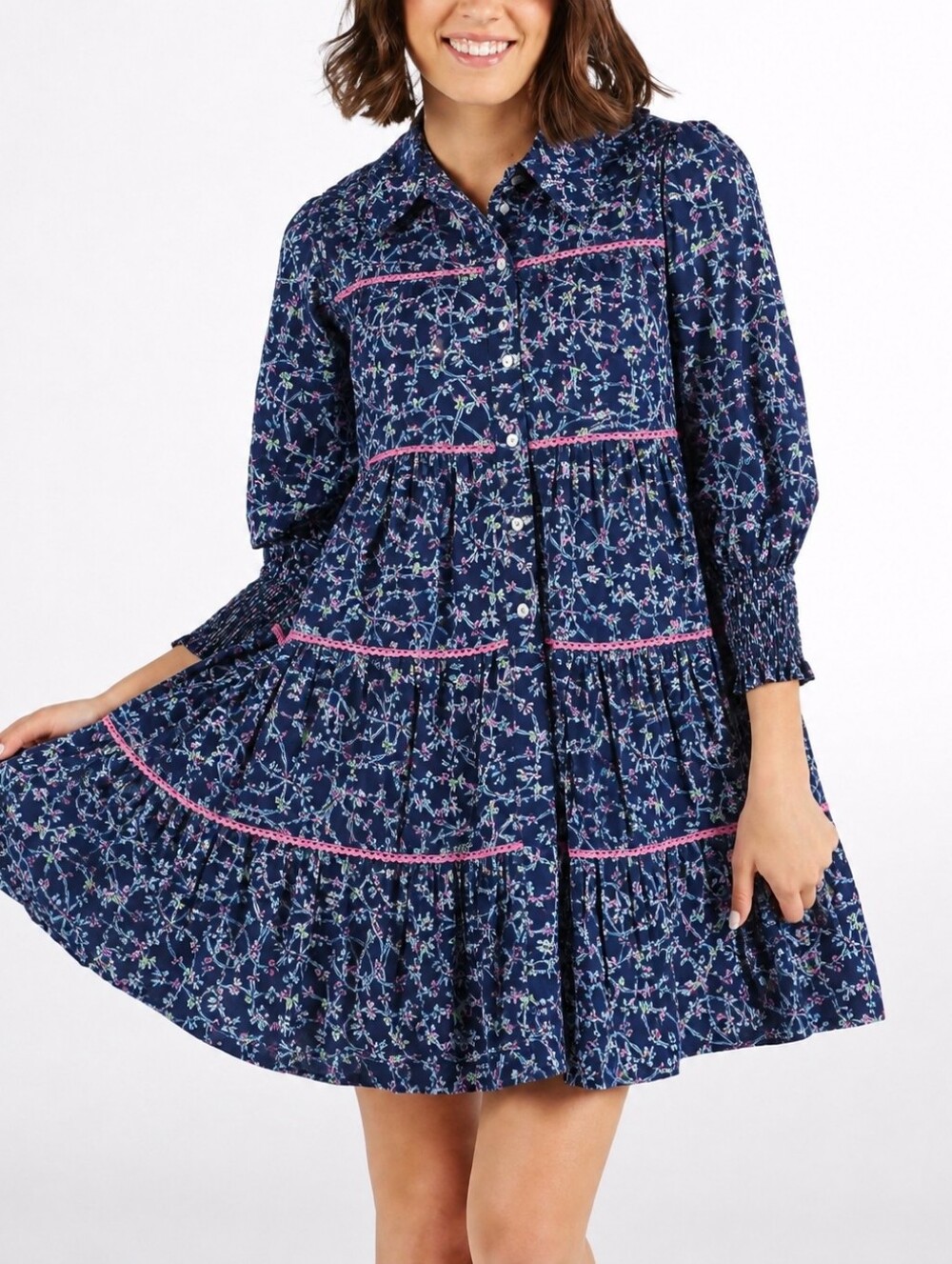 NWT Simply Southern Navy Floral Button-Front Dress with Pink Trim SZ L